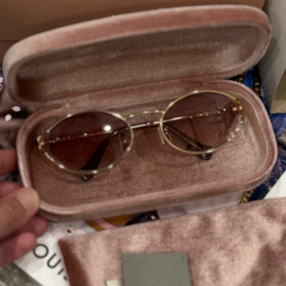 Miu Miu Oval Sunglasses | Gold Frame & Pink Lenses | Full Set - Picture 10 of 14